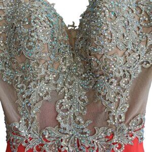 LA FEMME Coral Beaded Corset Chiffon Satin Prom/Pageant/Evening Dress- Size 2
